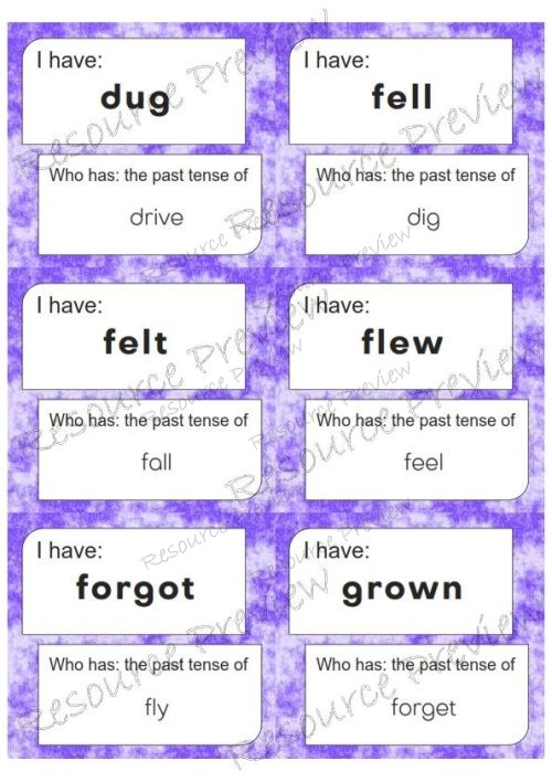 Irregular Verb simple tense cards I have Who has